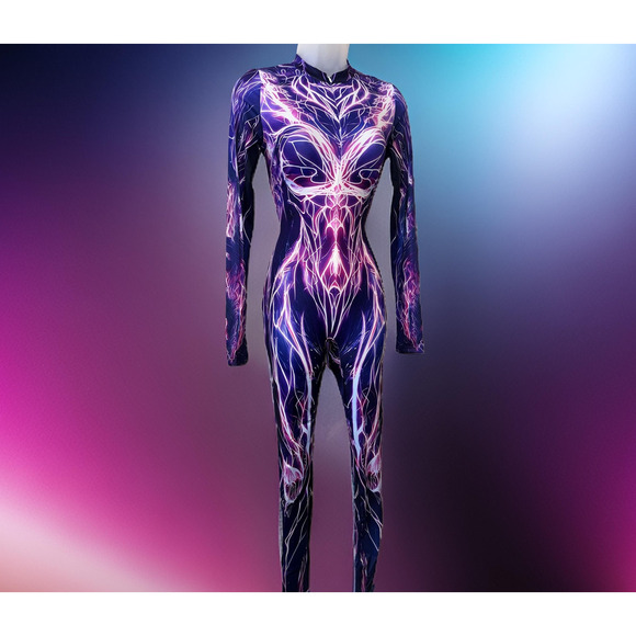 New Large Electric Spandex Jumpsuit Catsuit Rave Illusion Electricity Cyberpunk - Picture 2 of 4